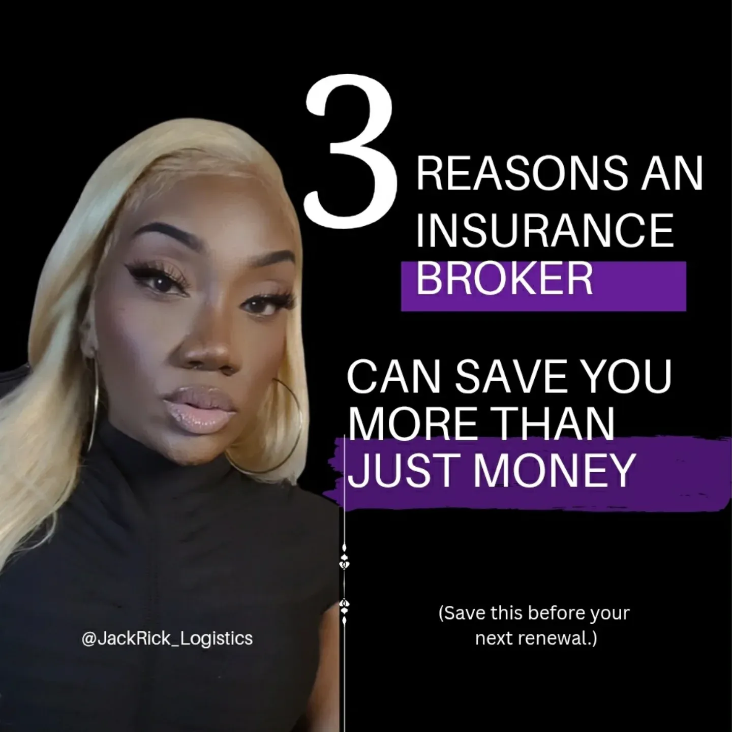 Cover slide reading "3 reasons an insurance broker can save you more than just money", with the note "save this before your next renewal".