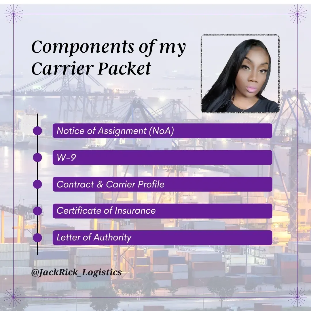 List headed "Components of my Carrier Packet": notice of assignment, W-9, contract and carrier profile, certificate of insurance, letter of authority.