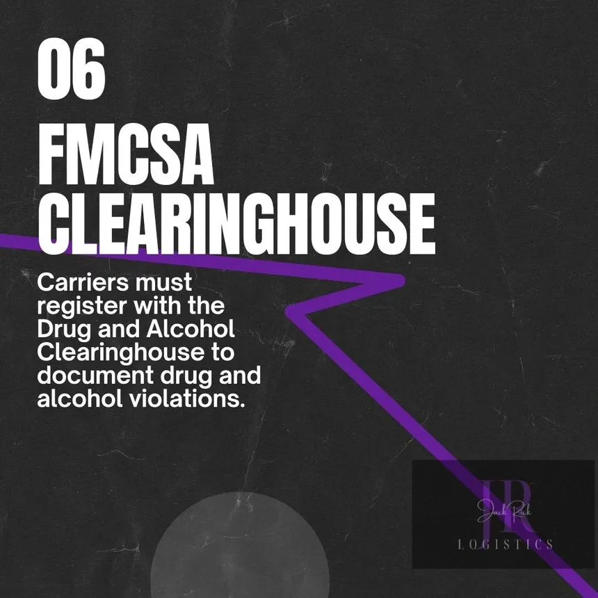 Slide 06, FMCSA Clearinghouse: carriers must register with the Drug and Alcohol Clearinghouse to document violations.