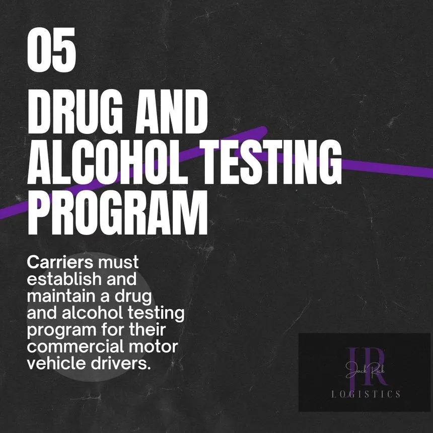 Slide 05, Drug and Alcohol Testing Program: carriers must establish and maintain a testing program for their commercial motor vehicle drivers.