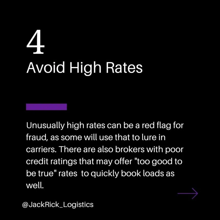 Slide numbered 4, "Avoid High Rates": unusually high rates can be a red flag for fraud, used to lure carriers in quickly.