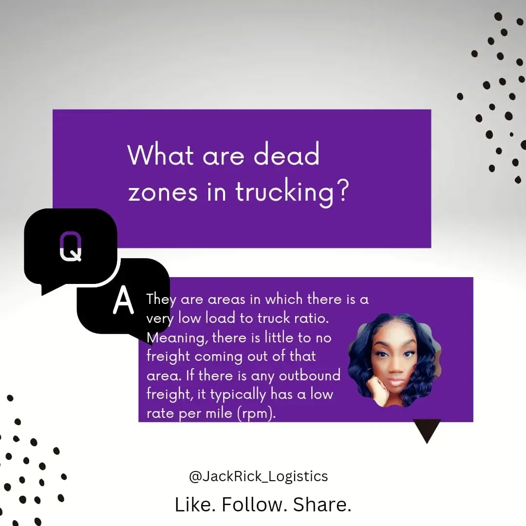 Question and answer slide: "What are dead zones in trucking?" — "They are areas in which there is a very low load to truck ratio. Meaning, there is little to no freight coming out of that area. If there is any outbound freight, it typically has a low rate per mile."