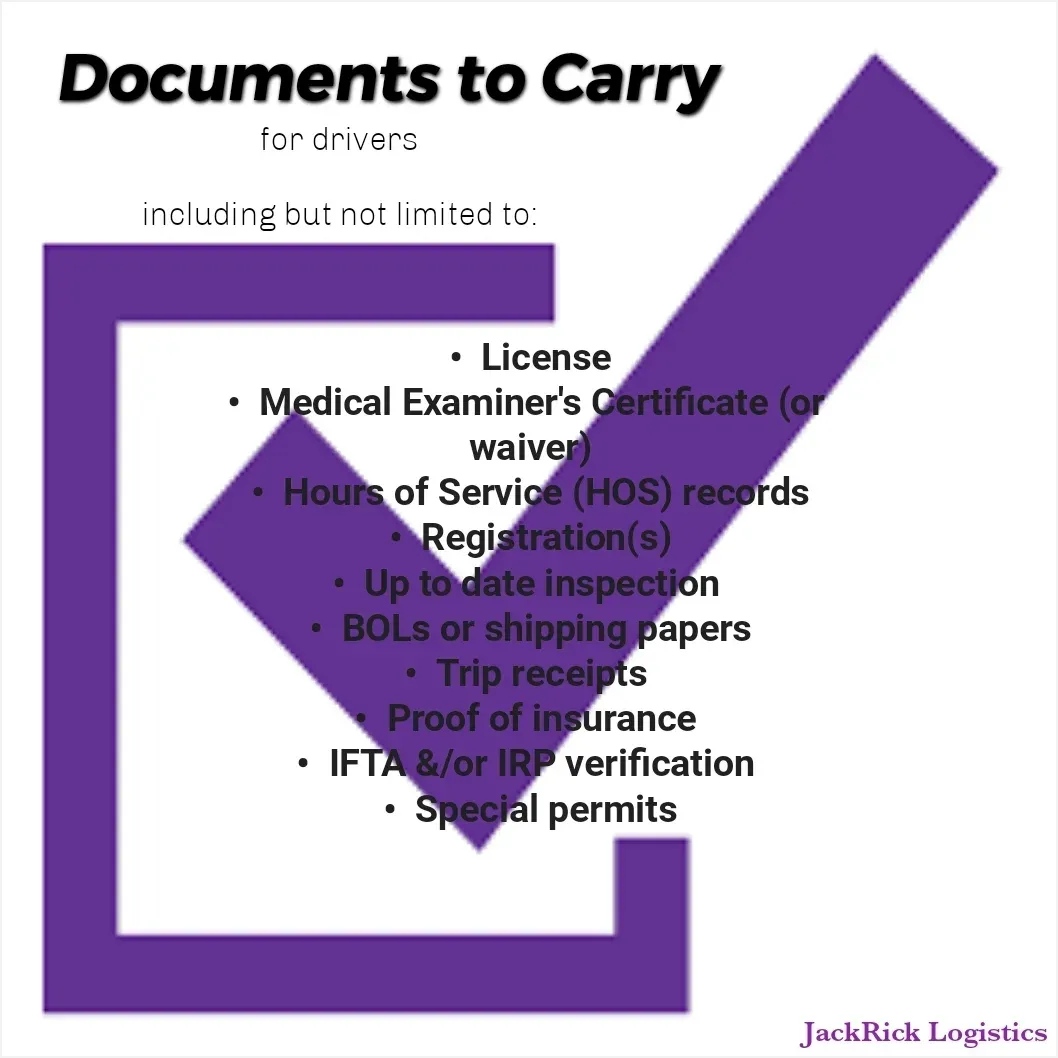 List headed "Documents to Carry for drivers, including but not limited to": license, medical examiner's certificate or waiver, hours of service records, registrations, up to date inspection, bills of lading or shipping papers, trip receipts, proof of insurance, IFTA and/or IRP verification, special permits.