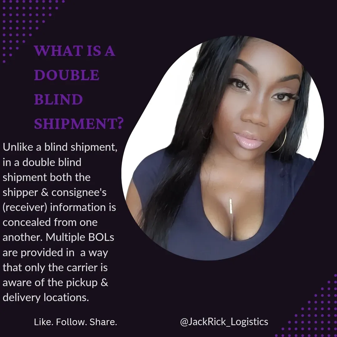Slide headed "What is a double blind shipment?": unlike a blind shipment, in a double blind shipment both the shipper and the consignee or receiver's information is concealed from one another. Multiple bills of lading are provided in a way that only the carrier is aware of the pickup and delivery locations.