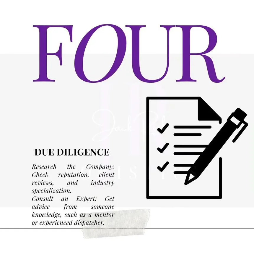 Slide reading "Four — Due Diligence": research the company, check reputation, client reviews and industry specialisation, and consult an expert.