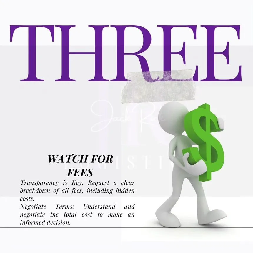 Slide reading "Three — Watch For Fees": transparency is key, request a clear breakdown of all fees including hidden costs, and negotiate the total cost.