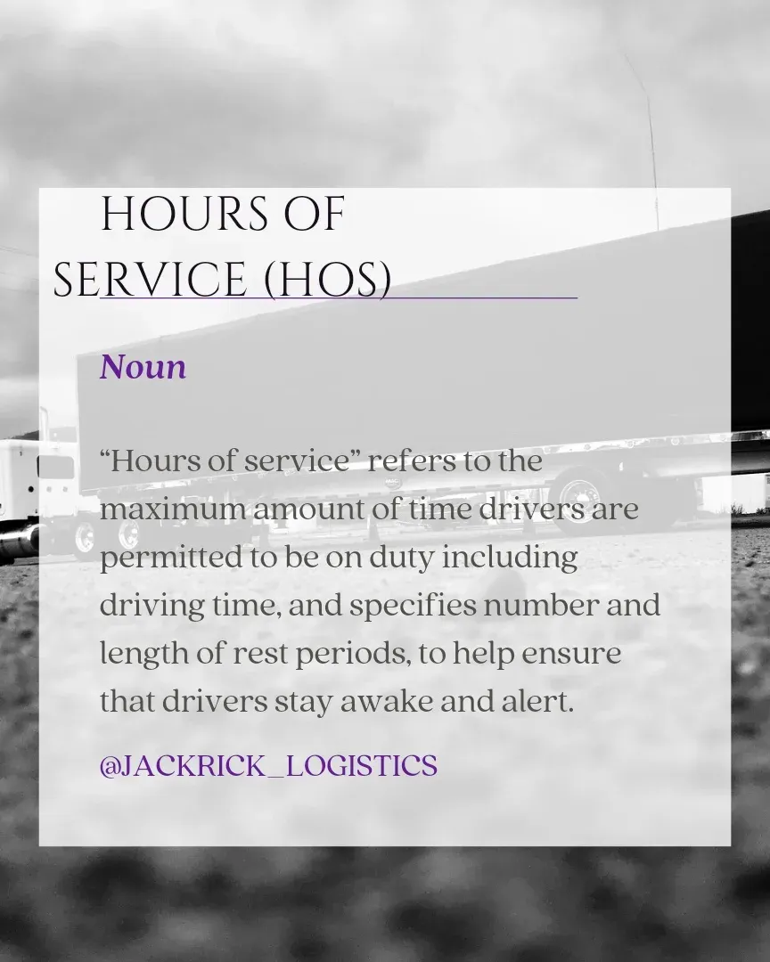 Dictionary-style slide defining hours of service: the maximum amount of time drivers are permitted to be on duty including driving time, and the number and length of rest periods, to help ensure that drivers stay awake and alert.