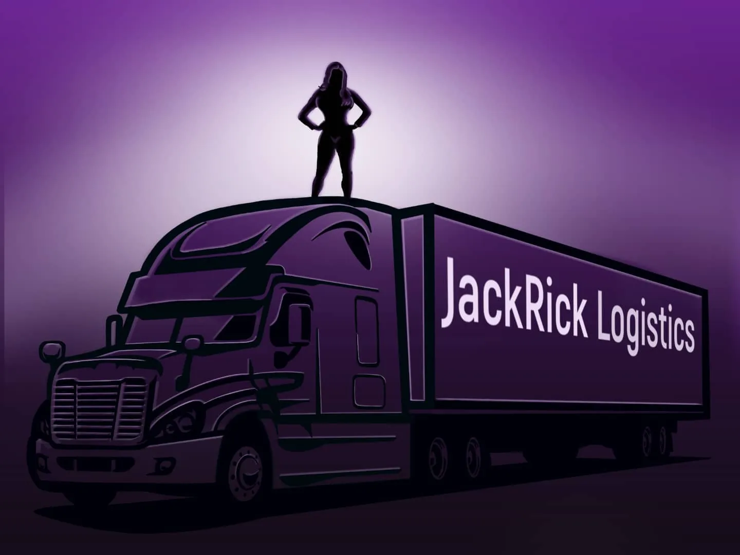 Illustration of a purple JackRick Logistics tractor-trailer with a figure standing on the roof of the cab.