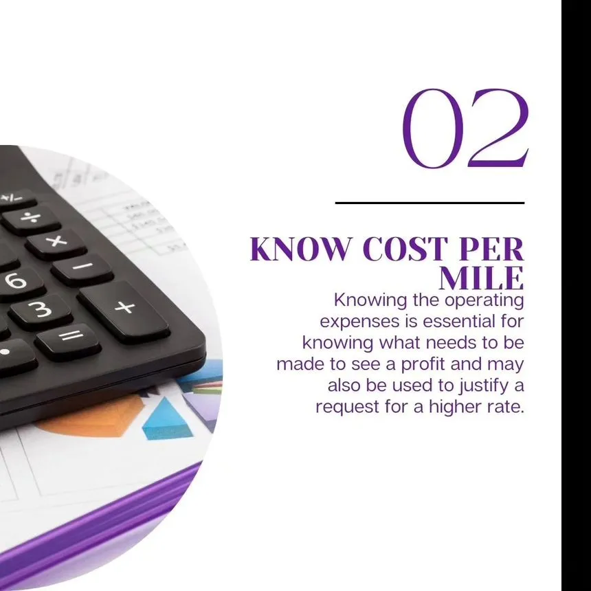 Slide 02, "Know Cost Per Mile": knowing operating expenses is essential for knowing what needs to be made to turn a profit and to justify a request for a higher rate.