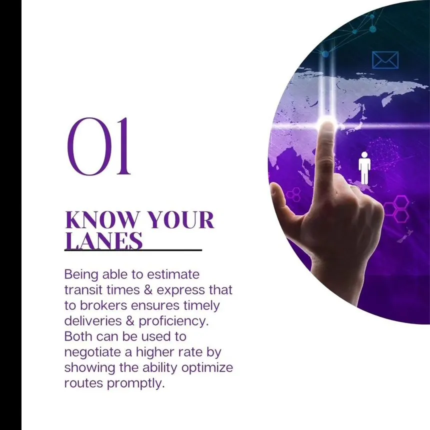 Slide 01, "Know Your Lanes": being able to estimate transit times and express that to brokers ensures timely deliveries and proficiency.