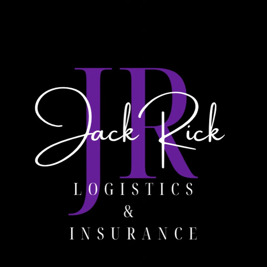 The JackRick monogram wordmark reading "Jack Rick Logistics & Insurance" in white and purple on black.