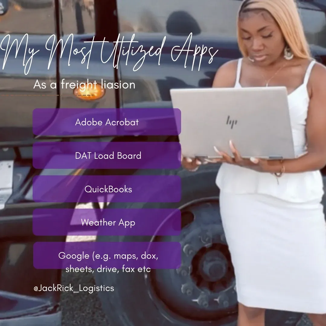 Slide headed "My Most Utilized Apps as a freight liaison", listing Adobe Acrobat, DAT Load Board, QuickBooks, a weather app, and Google tools including maps, docs, sheets, drive and fax.