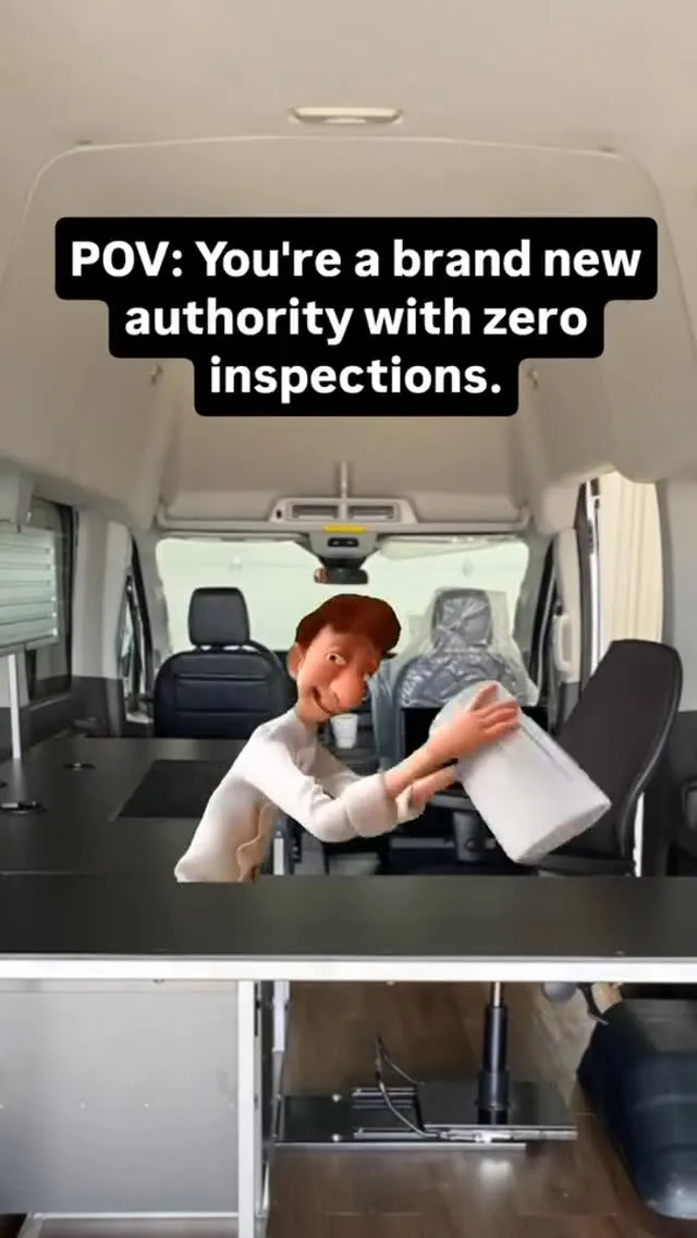 Video cover captioned "POV: You're a brand new authority with zero inspections", over a shot of a driver in a cab handling paperwork.