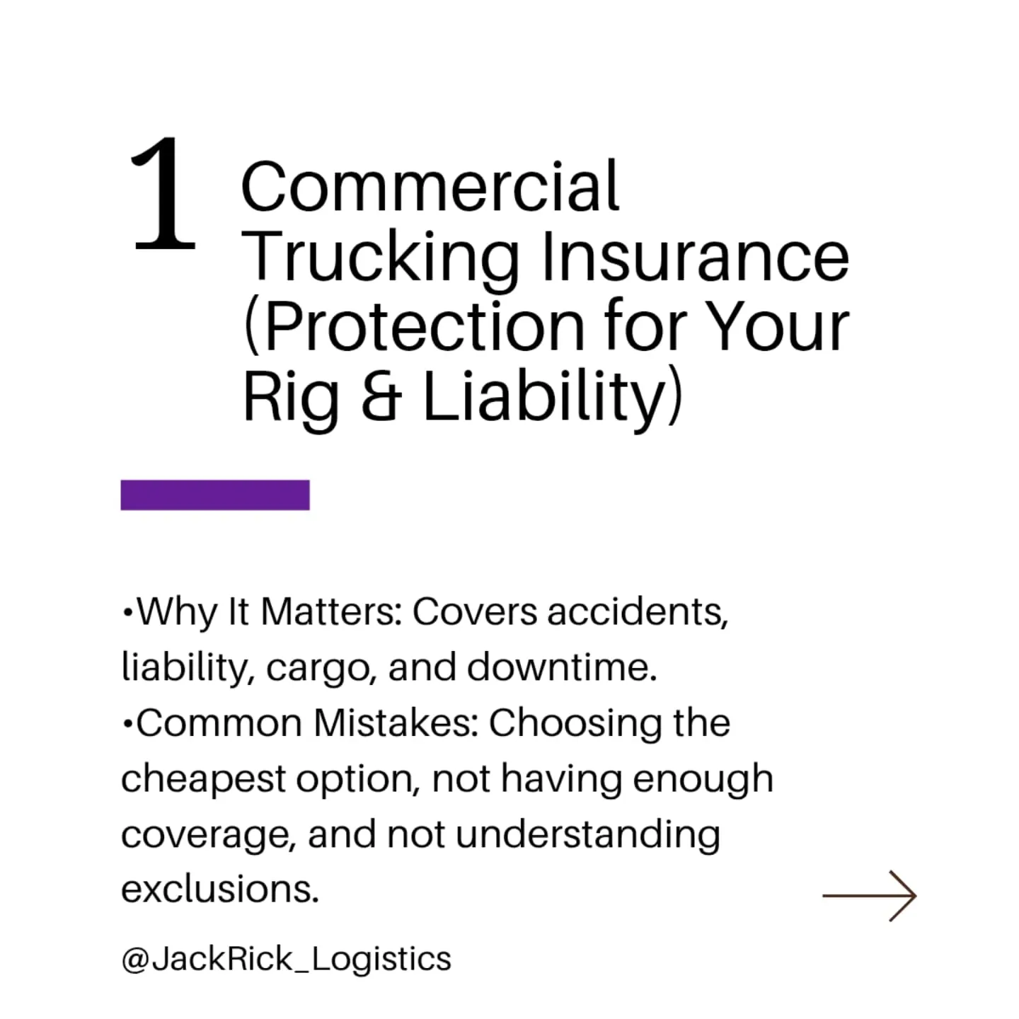 Slide one, "Commercial Trucking Insurance — protection for your rig and liability". Why it matters: covers accidents, liability, cargo and downtime. Common mistakes: choosing the cheapest option, not having enough coverage, and not understanding exclusions.