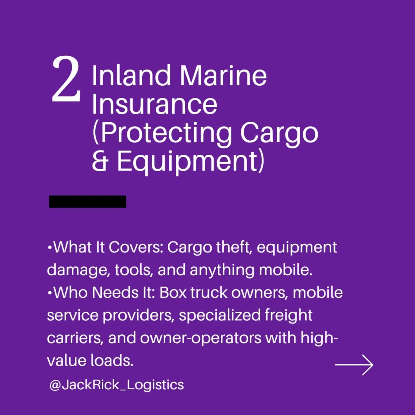 Slide two, "Inland Marine Insurance — protecting cargo and equipment". What it covers: cargo theft, equipment damage, tools, and anything mobile. Who needs it: box truck owners, mobile service providers, specialized freight carriers, and owner-operators with high-value loads.