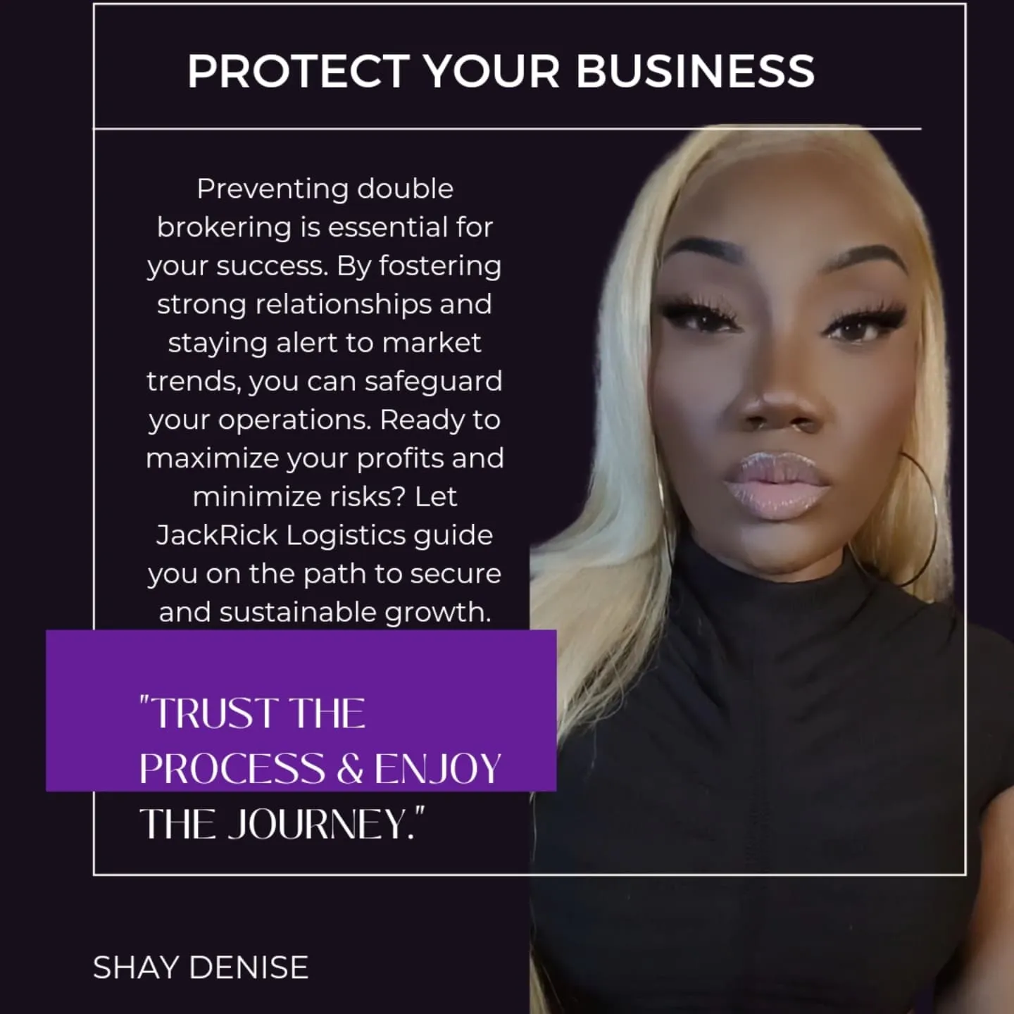 Slide headed "Protect your business": preventing double brokering is essential for your success. By fostering strong relationships and staying alert to market trends, you can safeguard your operations.