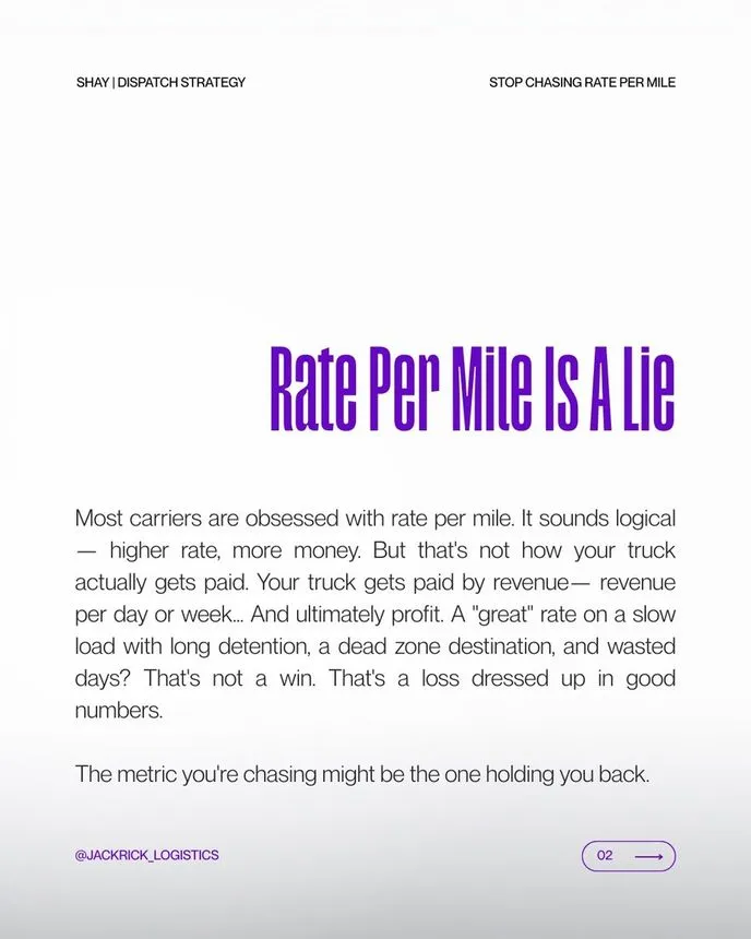 Slide headed "Rate Per Mile Is A Lie", explaining that a truck is paid by revenue per day or week rather than by the mile, and that a high rate on a slow load is a loss dressed up in good numbers.