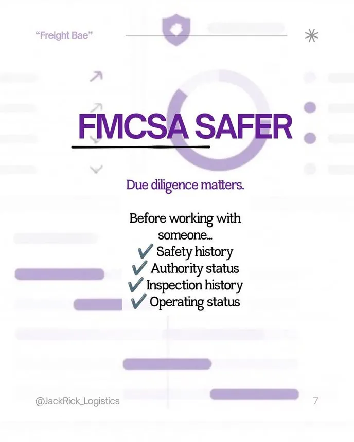 Slide headed "FMCSA SAFER": due diligence starts before working with someone — safety history, authority status, inspection history, operating status.