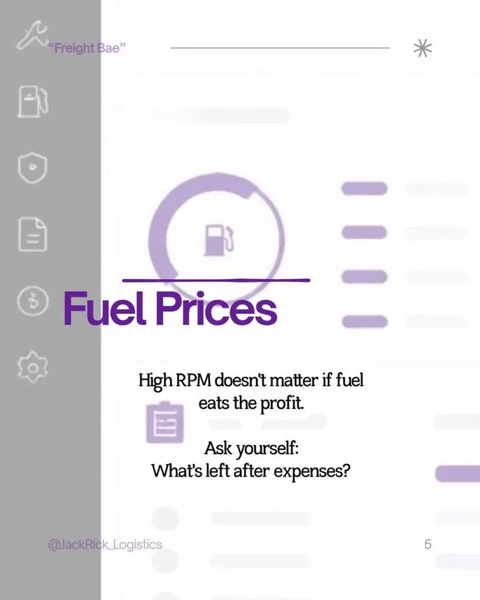 Slide headed "Fuel Prices": a high rate per mile means little if fuel eats the profit. Ask yourself what is left after expenses.