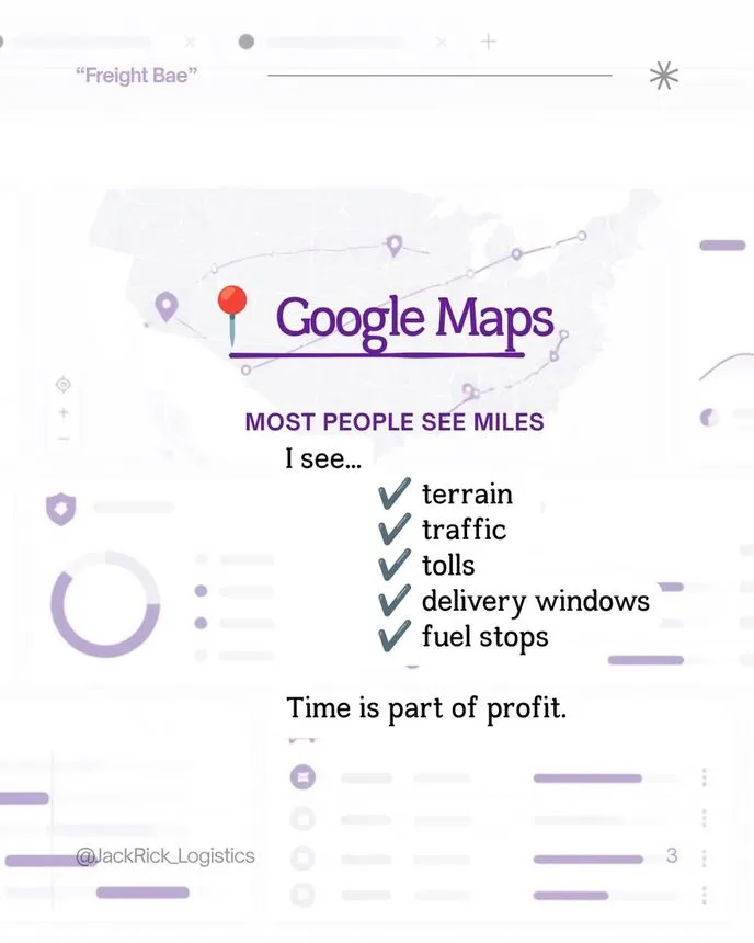 Slide headed "Google Maps": most people see miles; she sees terrain, traffic, tolls, delivery windows and fuel stops. Time is part of profit.