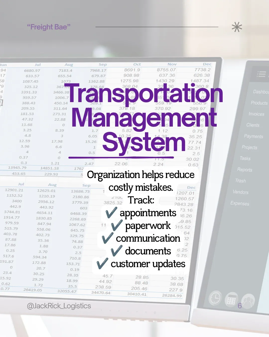 Slide headed "Transportation Management System": organization helps reduce costly mistakes. Track appointments, paperwork, communication, documents and customer updates.
