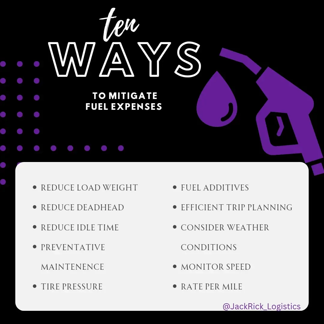 Slide headed "Ten ways to mitigate fuel expenses": reduce load weight, reduce deadhead, reduce idle time, preventative maintenance, tire pressure, fuel additives, efficient trip planning, consider weather conditions, monitor speed, rate per mile.