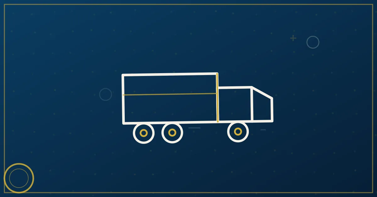 Line-art Beltway ring road with an interstate arrow crossing it, a semi and box truck at the interchange