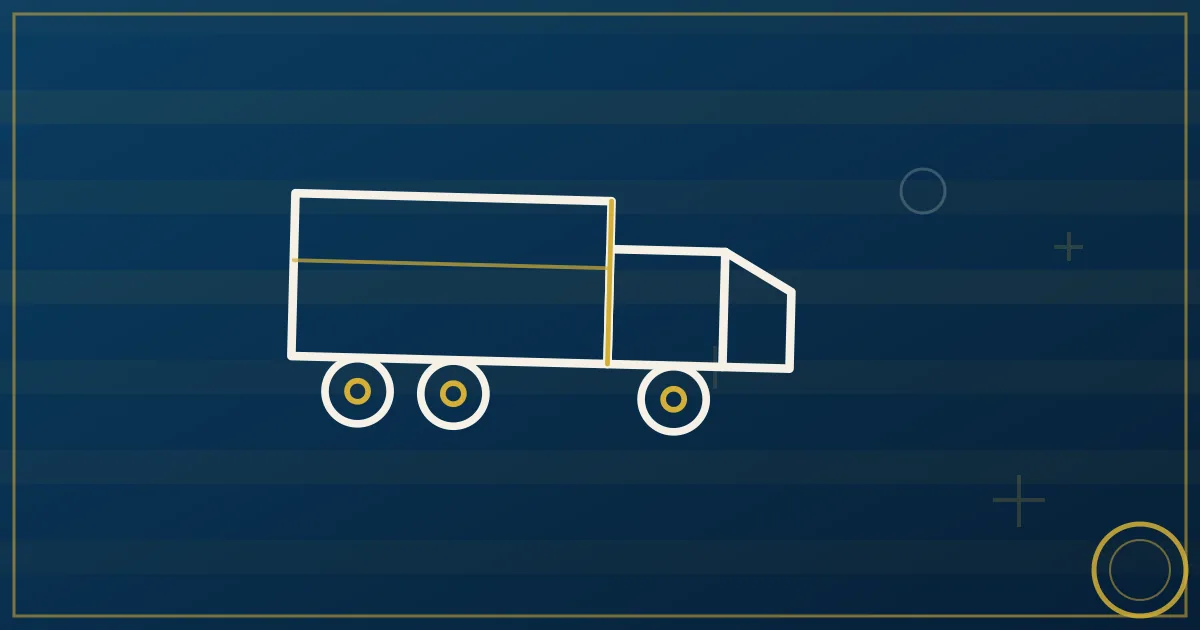 Abstract illustration of a semi-truck undergoing a detailed mechanical inspection in lapis blue and gold tones, service bay