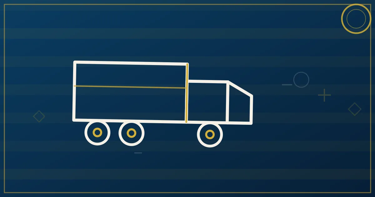 Line-art highway interchange star with container arrows flowing from a port crane to distribution blocks, lapis and gold
