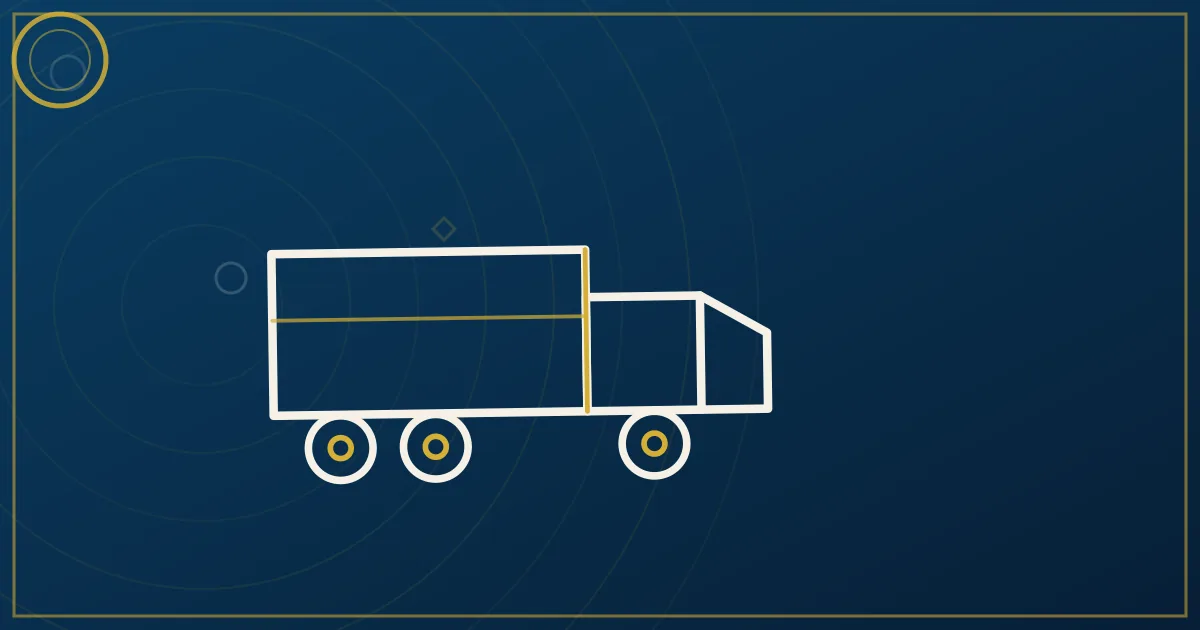 Lapis-blue and gold illustration of automotive parts in organized warehouse racks with a delivery truck