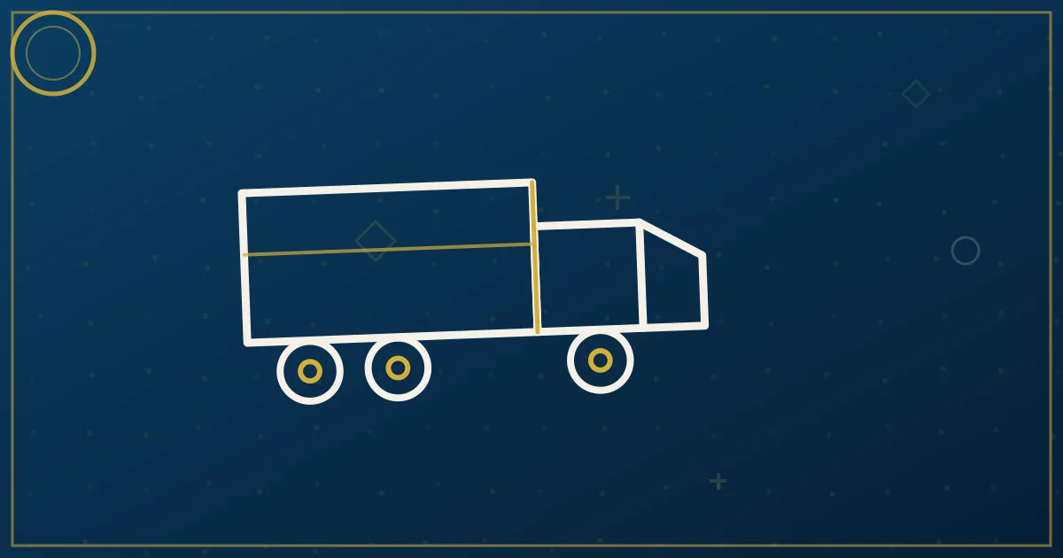 Lapis-blue and gold illustration of a lone tractor without trailer on an open road at dusk