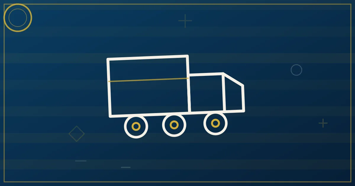 Lapis-blue and gold illustration of a box truck delivering to a suburban street with new homes under construction