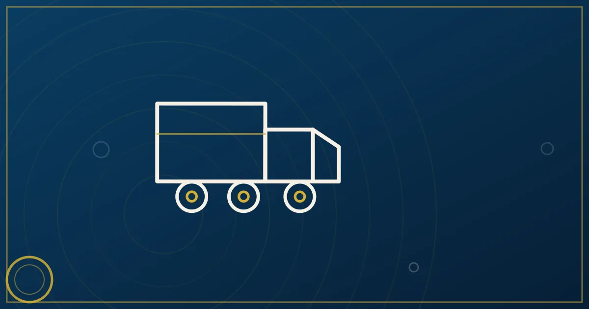 Line-art 26-foot box truck on a metro route with palm silhouettes, delivery stop pins, and a port crane