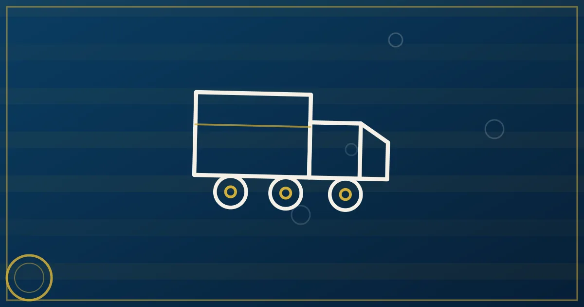 Line-art 26-foot box truck on a delivery route with a city skyline and a loading-dock icon