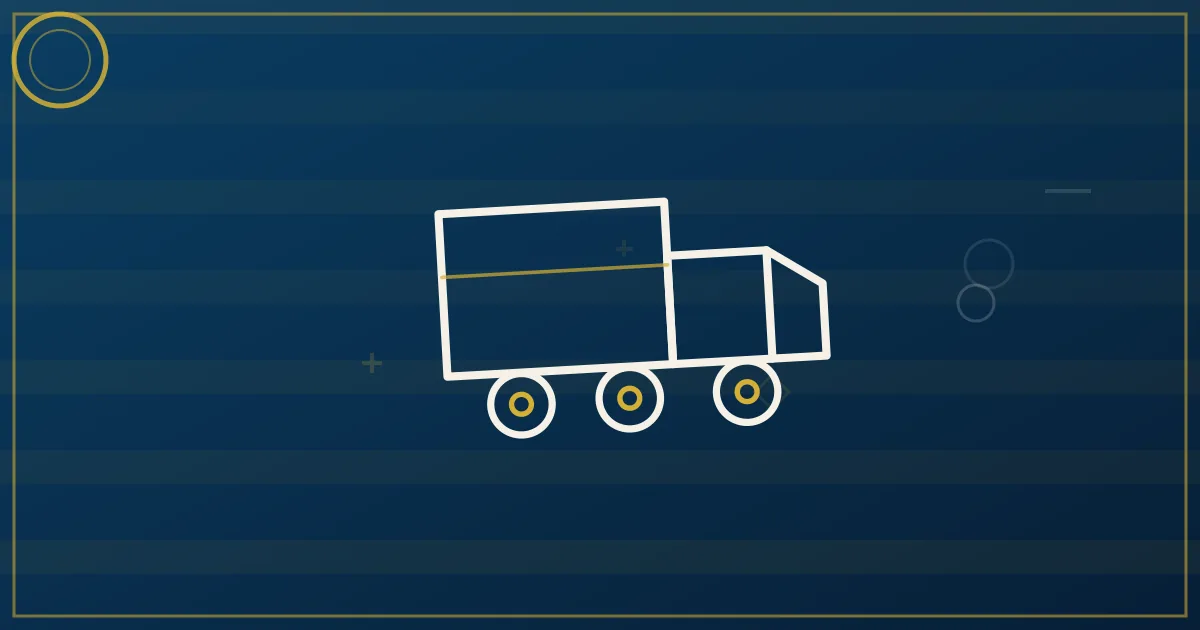 Line-art 26-foot box truck on a snowy metro delivery route with stop pins and a skyline