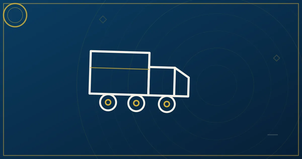 Line-art box truck threading through a stylized metro street grid with a toll plaza and delivery route
