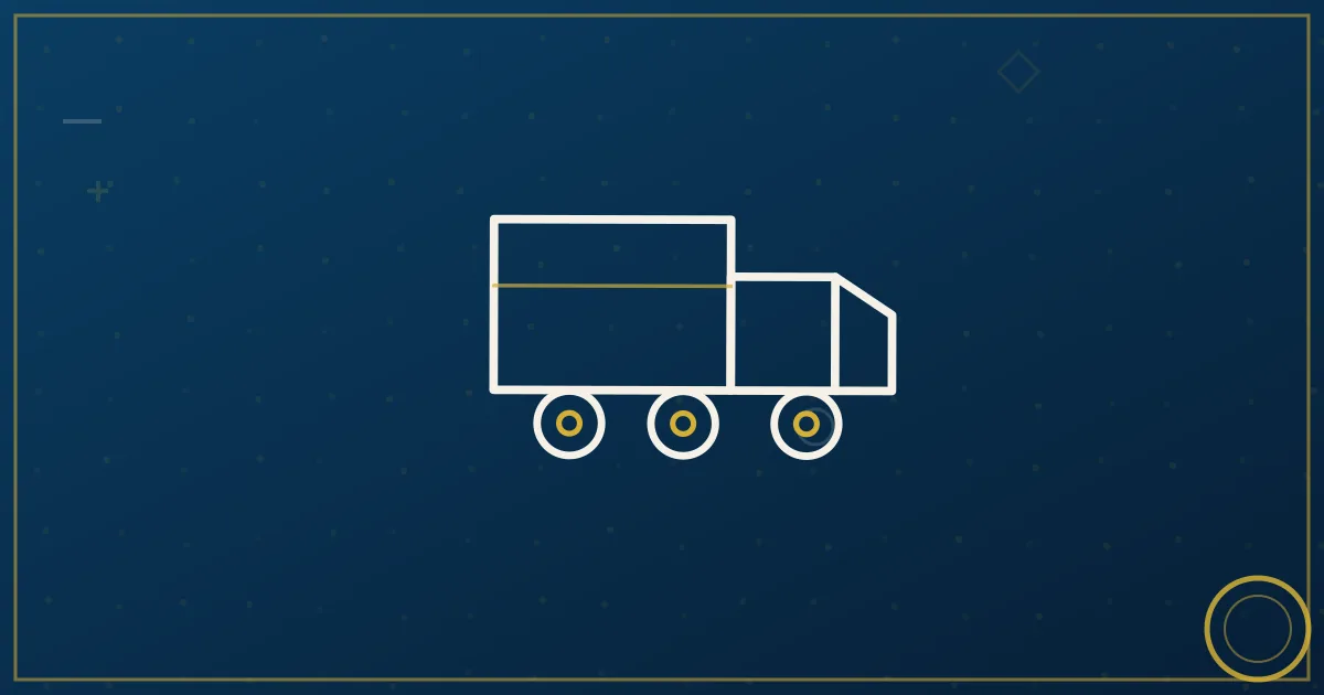 Line-art box truck delivering furniture pieces to growing-city buildings with a rising skyline behind