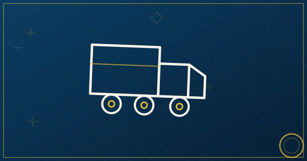Line-art box truck at a highway crossroads with four directional arrows and delivery boxes stacked inside