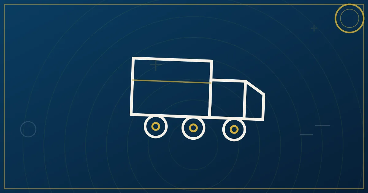 Line-art box truck passing a toll plaza with a city skyline ahead and a dotted delivery route