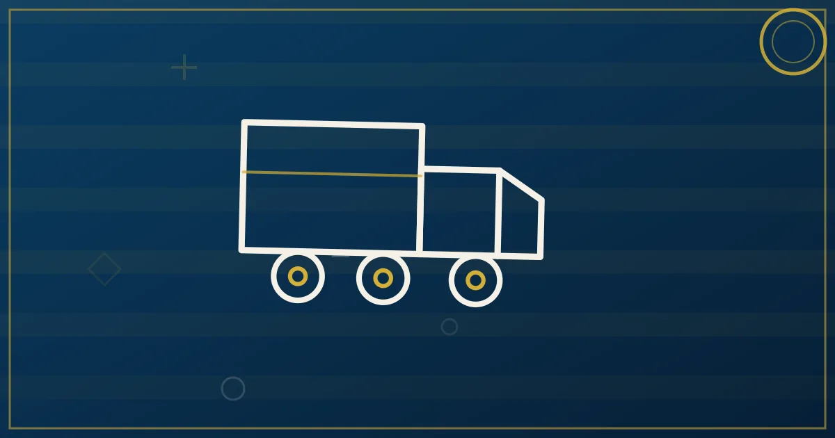 Line-art box truck shuttling between a distribution center and a city skyline with a looping route arrow