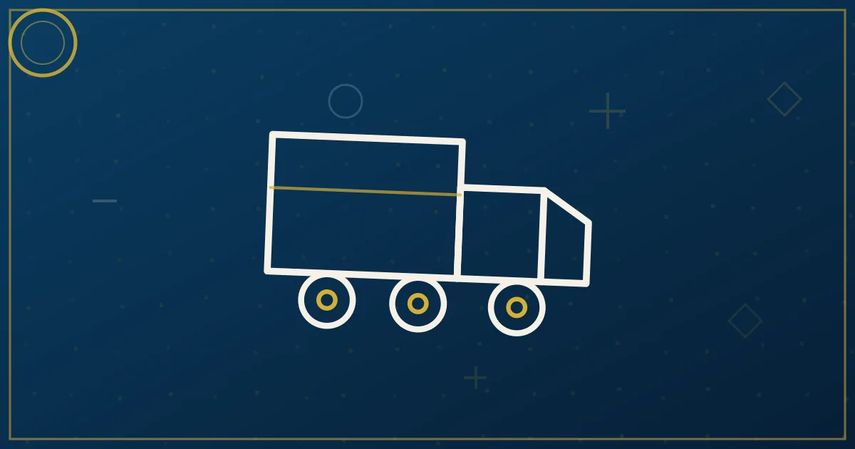 Line-art 26-foot box truck on a metro delivery route with stop pins and a retail storefront