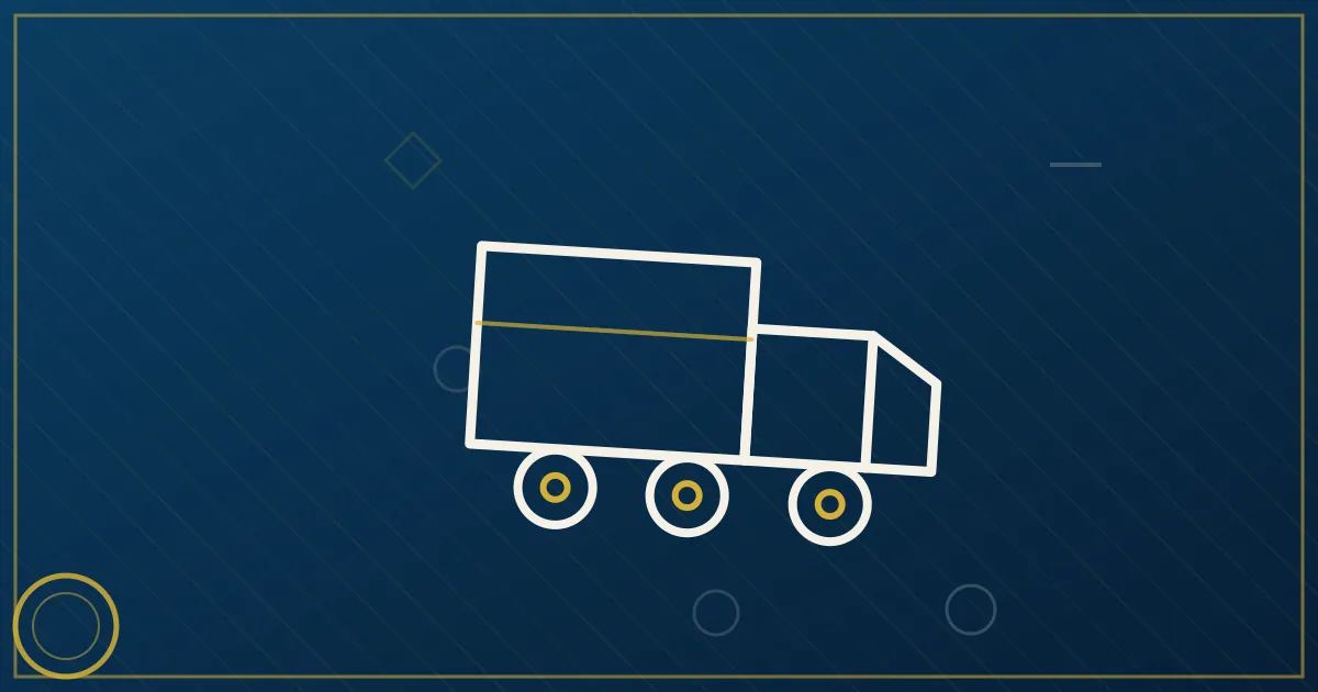 Line-art box truck with GVWR weight badge, small liability-cargo-physical damage shield trio floating above