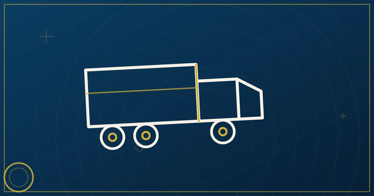 Lapis-blue and gold illustration of official authority documents with an MC number plate beside a semi truck