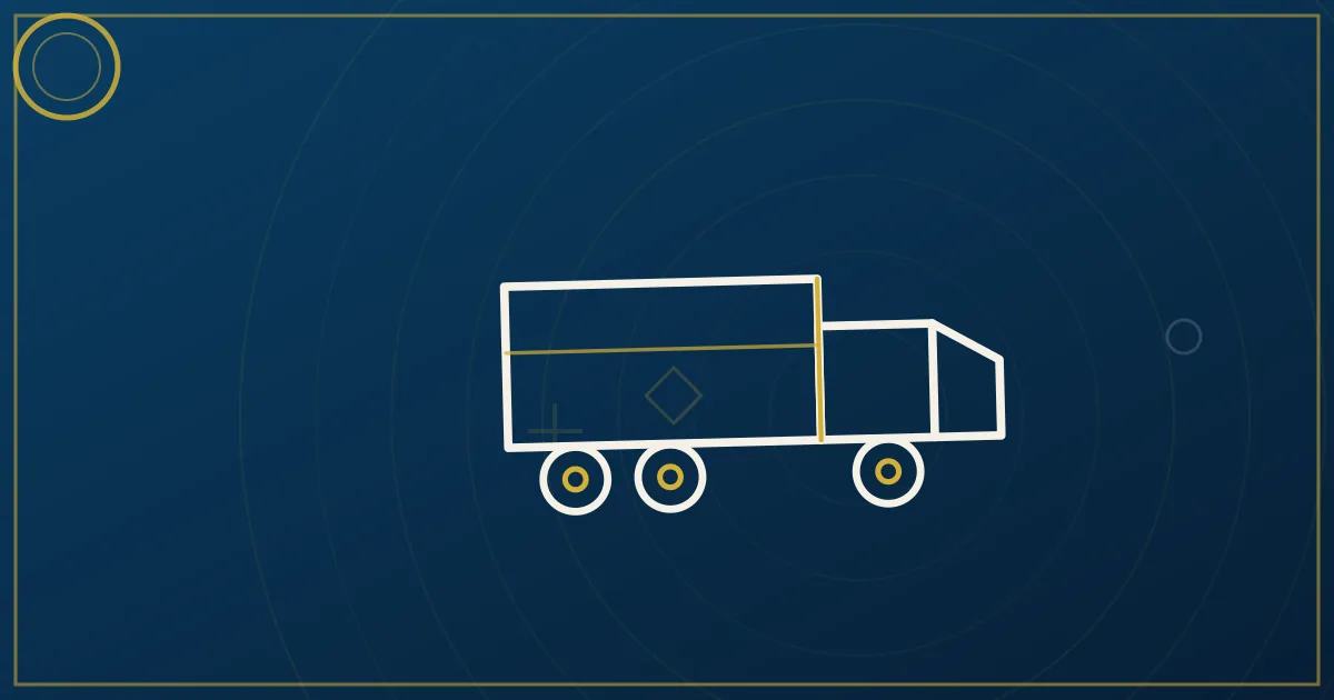 Line-art border crossing: a semi between two abstract markers, three lane arrows for flows, a small trusted-lane badge
