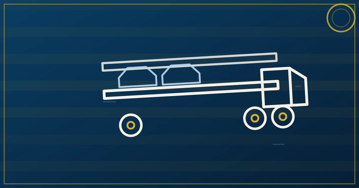 Lapis-blue and gold illustration: auto carrier near rolling green hills. No text, no people, no flags.