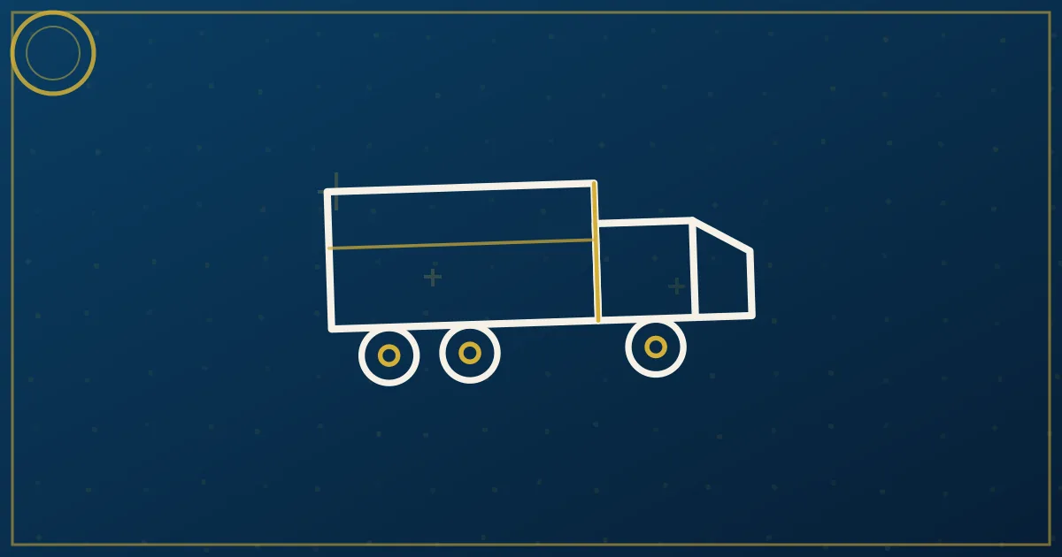 Lapis-blue and gold illustration of a magnifying glass over carrier documents with a semi truck and a shield checkmark