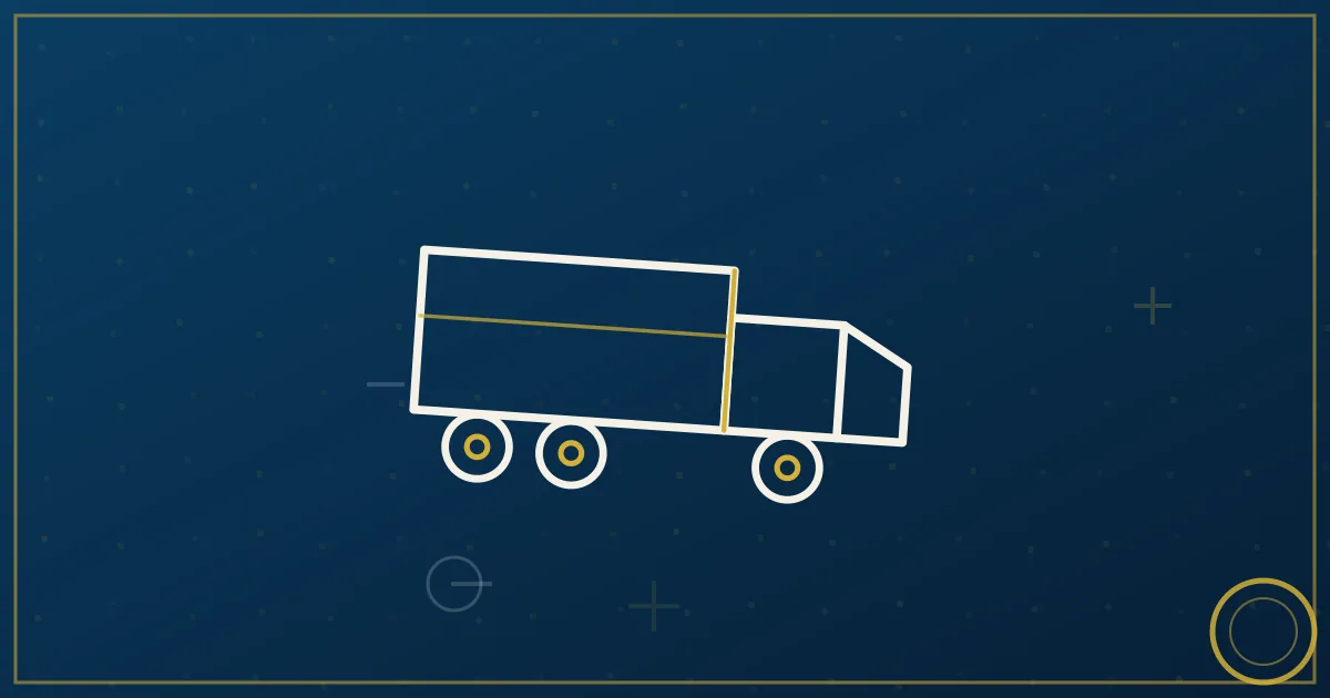 Line-art highway arrow between a mountain ridge and a domed university building, a semi and box truck on the road