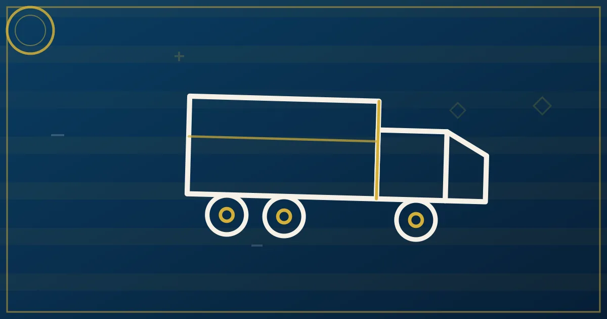 Line-art highway beltway loop with a semi and box truck at different exits, a container crane on the horizon
