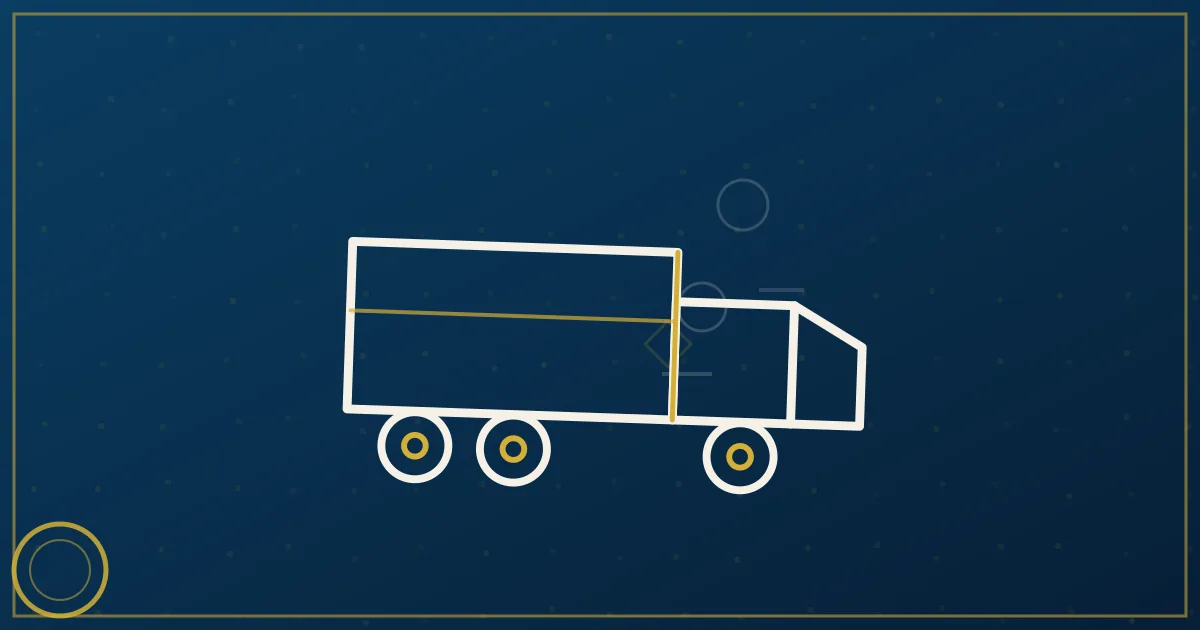 Lapis-blue and gold illustration of a computer screen showing a driver record check beside a semi truck and clipboard