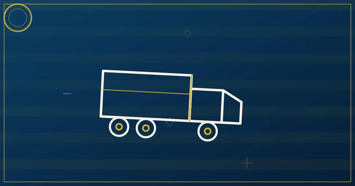 Line-art cargo plane above an intermodal ramp, highway ribbons radiating four ways, distribution blocks, lapis and gold